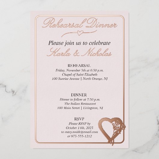 Blume Herz und Rose Probe Abendessen Folieneinladung (Vorderseite)