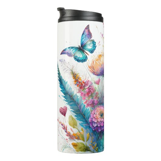 Blume, Herz und Schmetterlinge personalisiert Thermosbecher (Nach rechts gedreht)