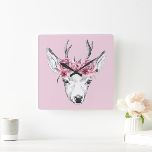Blume Hirsch Quadratische Wanduhr (Zuhause)