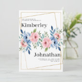 Blume Hochzeit der geometrischen goldfarbenen Rosa Einladung (Stehend Vorderseite)