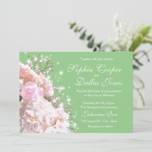 Blume Hochzeit der rosa Hydrangeas Einladung (Stehend Vorderseite)