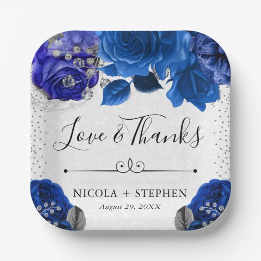 Blume Hochzeit in Aquarellblau und Silber Pappteller (Vorderseite)