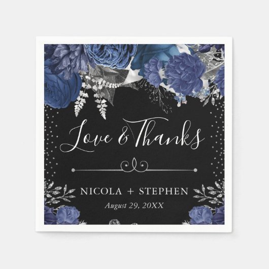Blume Hochzeit in Aquarellblau und Silber Serviette (Vorderseite)
