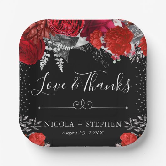 Blume Hochzeit in Aquarellfarbe Rot und Silber Pappteller (Vorderseite)