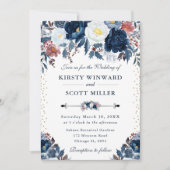 Blume Hochzeit in Blau und Weiß Einladung (Vorderseite)