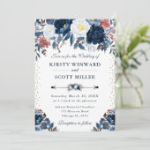 Blume Hochzeit in Blau und Weiß Einladung (Stehend Vorderseite)