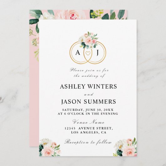 Blume Hochzeit in Rosa Einladung (Vorne/Hinten)