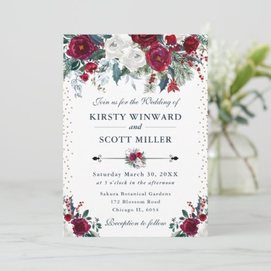 Blume Hochzeit in Rot und Weiß Einladung (Stehend Vorderseite)
