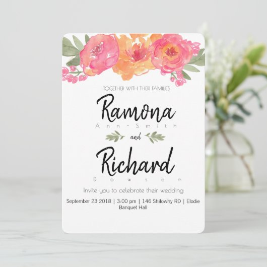 Blume Hochzeit rosa und orange Blumen lädt ein Einladung (Stehend Vorderseite)