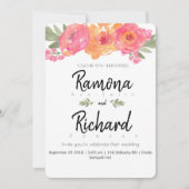 Blume Hochzeit rosa und orange Blumen lädt ein Einladung (Vorderseite)