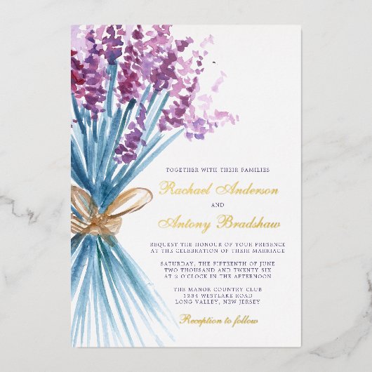 Blume Hochzeit von Aquarelllavender Folieneinladung (Vorderseite)