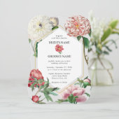Blume Hochzeiten von Watercolor Pink White Peonies Einladung (Stehend Vorderseite)