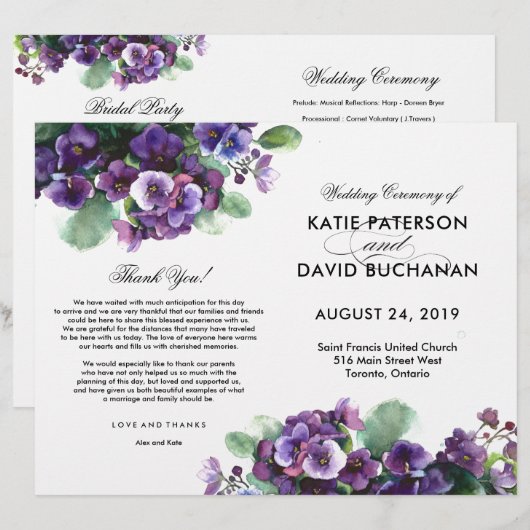 Blume Hochzeitsprogramm für Wasserfarben (Vorne/Hinten)