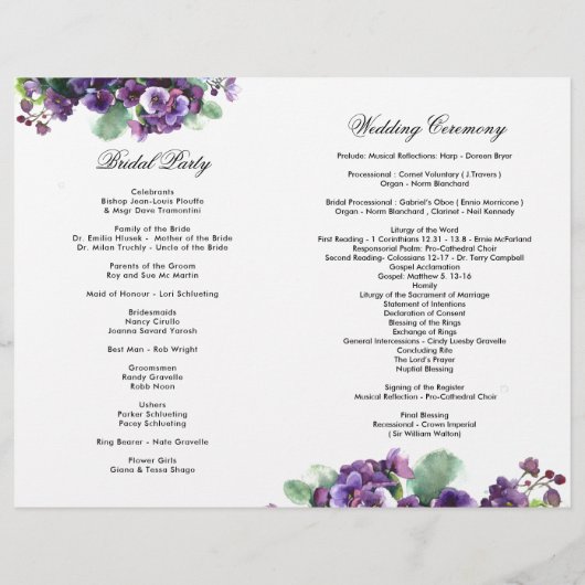 Blume Hochzeitsprogramm für Wasserfarben (Rückseite)