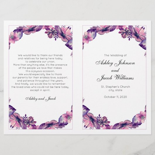 Blume Hochzeitsprogramm. Lila Kirchenfeier (Vorderseite)