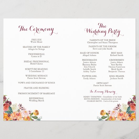 Blume-Hochzeitsprogramm, Orange Pink Flyer (Hinten)