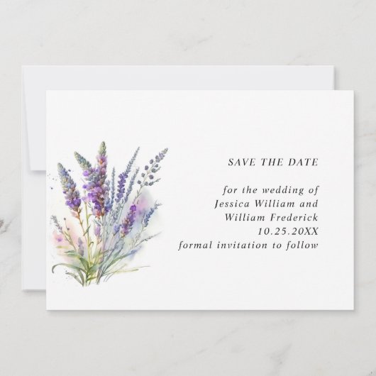Blume-Hochzeitsszittel für Wasserfarben-Lavendel Save The Date (Rückseite)
