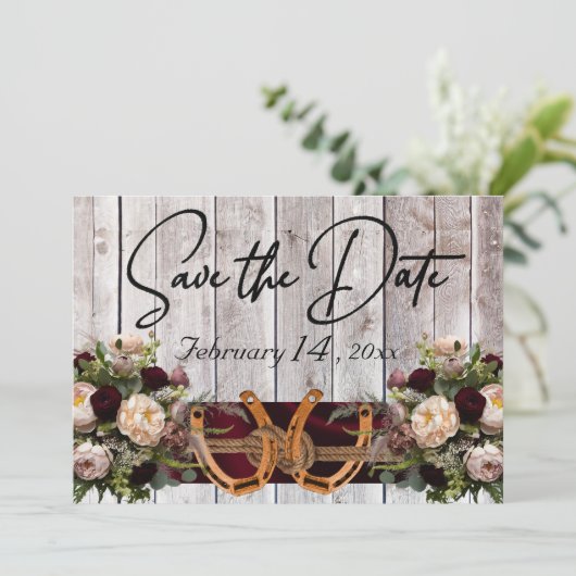 Blume & Hufeisen, Burgund-Ribbon-Hochzeit Save The Date (Stehend Vorderseite)