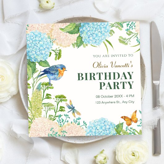 Blume Hydrangea Bird Butterfly Geburtstag Einladung