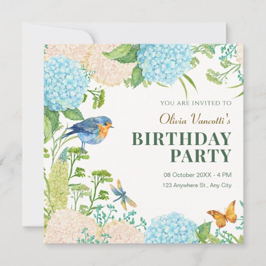 Blume Hydrangea Bird Butterfly Geburtstag Einladung (Vorderseite)