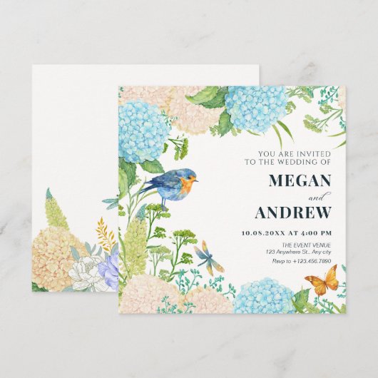 Blume Hydrangea Bird Butterfly Hochzeit Einladung (Vorne/Hinten)