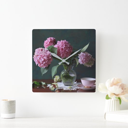 Blume | Hydrangeas in Vase Quadratische Wanduhr (Zuhause)