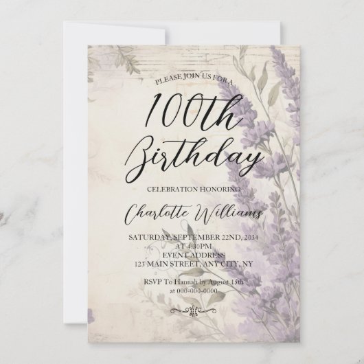 Blume im Lavendel 100. Geburtstag Einladung (Vorderseite)