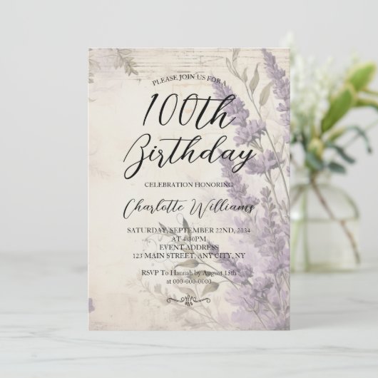 Blume im Lavendel 100. Geburtstag Einladung (Stehend Vorderseite)