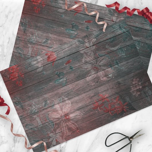 Blume im Roten Weißen Garten auf rustikalem Holz Seidenpapier