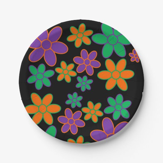Blume im Stil der 1970er Jahre Schwarze Hintergrun Pappteller (Vorderseite)