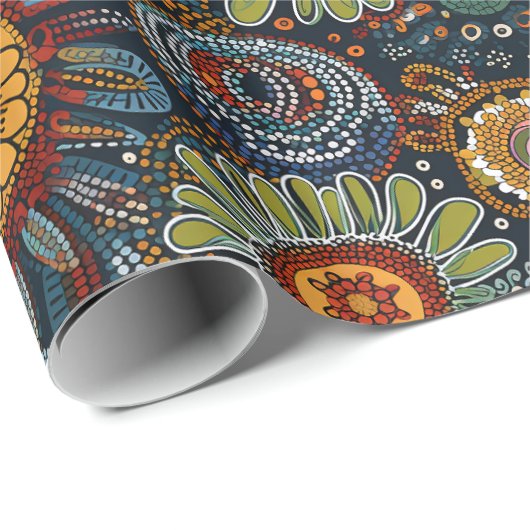 Blume im Stil der Aborigine-Kunst Hochglanzpapier Geschenkpapier (Rolleneckpunkt)