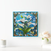 Blume im Verzierten Blumendesign Quadratische Wanduhr (Zuhause)