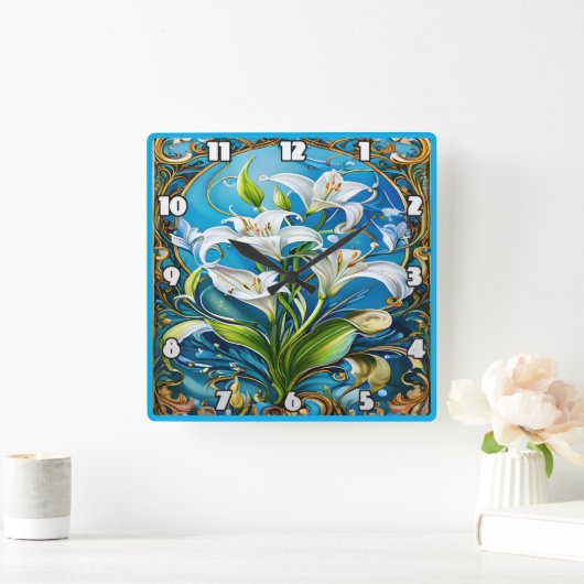 Blume im Verzierten Blumendesign Quadratische Wanduhr (Zuhause)