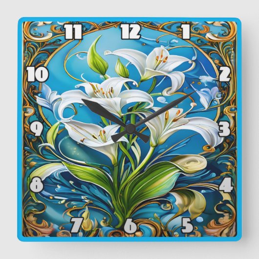 Blume im Verzierten Blumendesign Quadratische Wanduhr (Vorderseite)