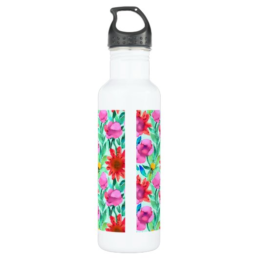 Blume in Aquamarin, rot und rosa Edelstahlflasche (Rückseite)