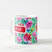 Blume in Aquamarin, rot und rosa Kaffeetasse (Vorderseite Links)