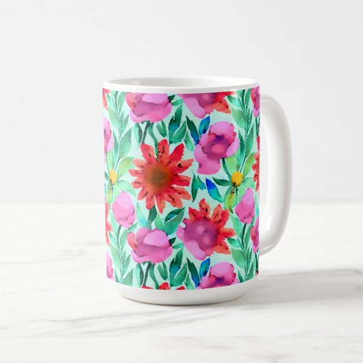 Blume in Aquamarin, rot und rosa Kaffeetasse (VorderseiteRechts)