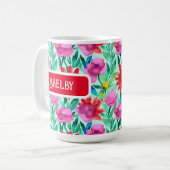 Blume in Aquamarin, rot und rosa Kaffeetasse (Vorderseite Links)