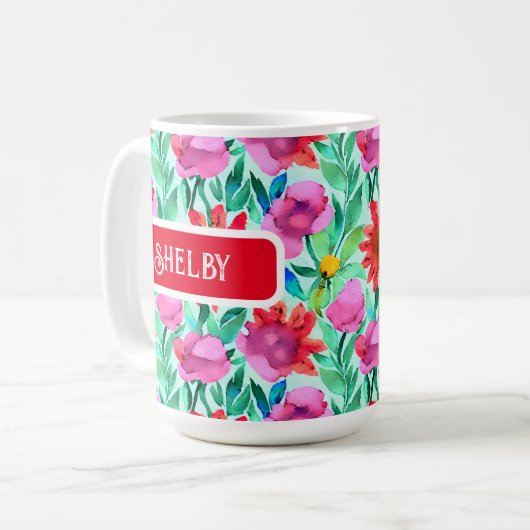 Blume in Aquamarin, rot und rosa Kaffeetasse (Vorderseite Links)