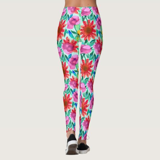 Blume in Aquamarin, rot und rosa Leggings (Rückseite)