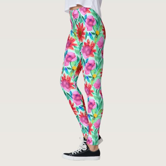 Blume in Aquamarin, rot und rosa Leggings (Links)