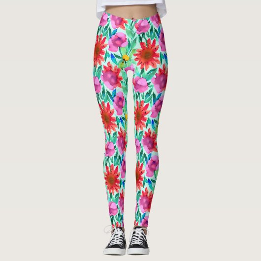 Blume in Aquamarin, rot und rosa Leggings (Vorderseite)