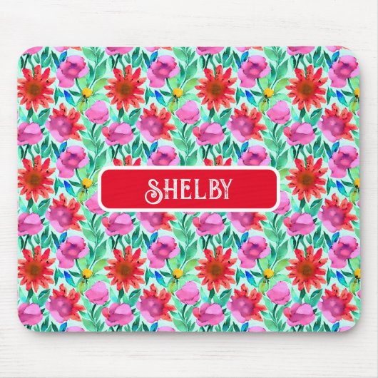 Blume in Aquamarin, rot und rosa Mousepad (Vorne)