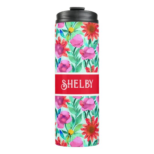 Blume in Aquamarin, rot und rosa Thermosbecher (Vorderseite)