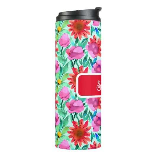 Blume in Aquamarin, rot und rosa Thermosbecher (Nach links gedreht)