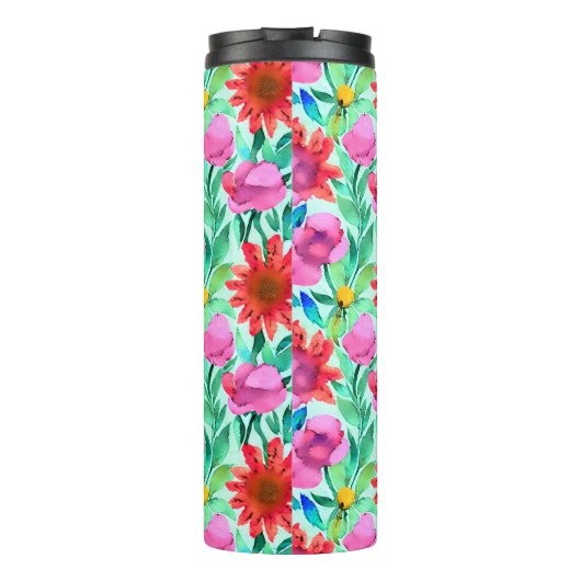 Blume in Aquamarin, rot und rosa Thermosbecher (Rückseite)