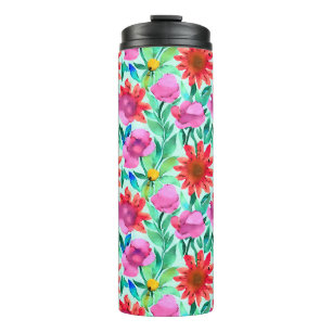 Blume in Aquamarin, rot und rosa Thermosbecher