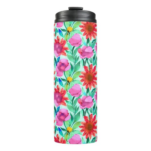 Blume in Aquamarin, rot und rosa Thermosbecher (Vorderseite)