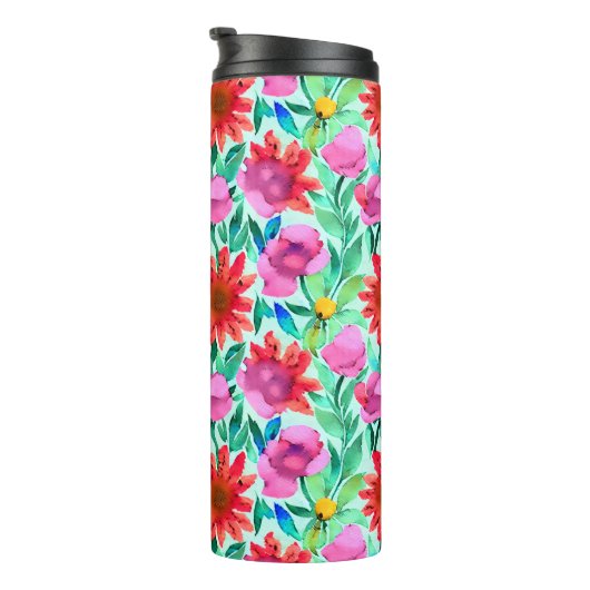 Blume in Aquamarin, rot und rosa Thermosbecher (Nach rechts gedreht)