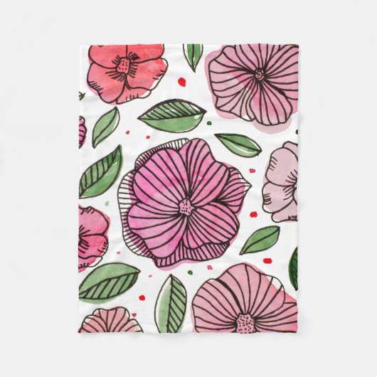 Blume in Aquarell und Tinte - Rosa und Grün Fleecedecke (Vorderseite)